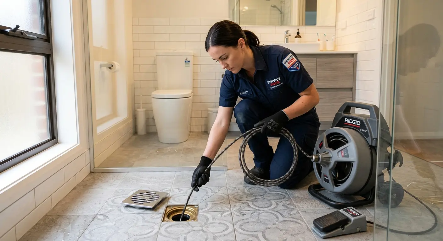 Technician clearing a bathroom floor drain for Hydro Jetting in Somerton